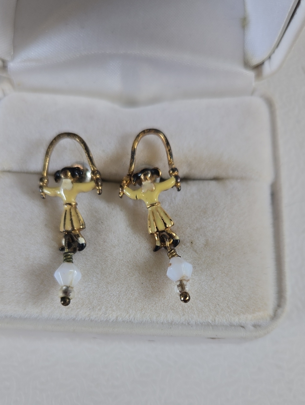Vintage Gold Girl Jump Rope Dangle Earrings with White Beads